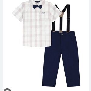 Tahari boys Plaid Shirt and Navy Pants Set. Includes suspenders and bow tie NWT